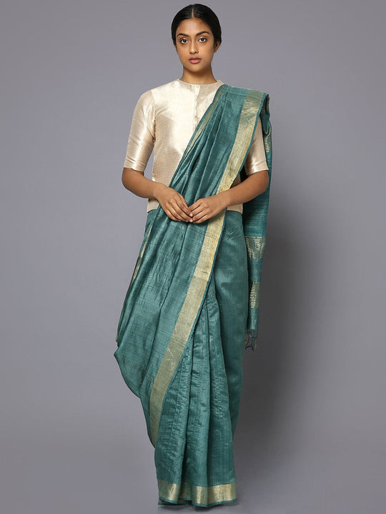 Dark turquoise tussar silk saree