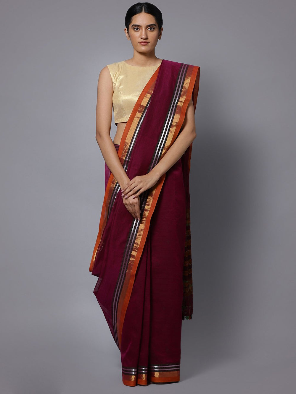 Hand embroidery magenta cotton saree