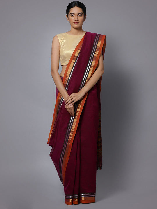 Hand embroidery magenta cotton saree