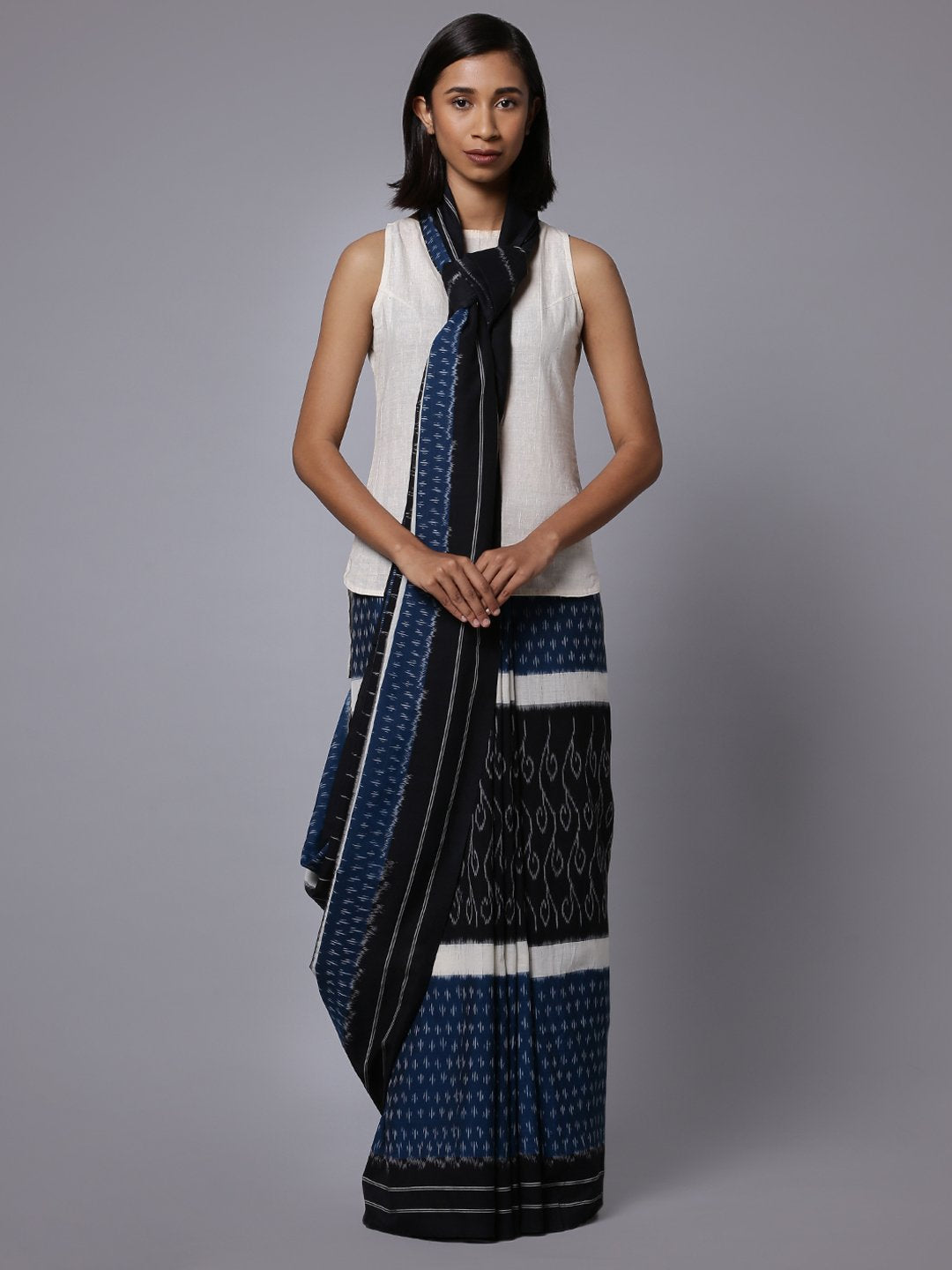 Blue black ikat handloom cotton pochampally saree