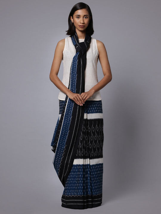Blue black ikat handloom cotton pochampally saree
