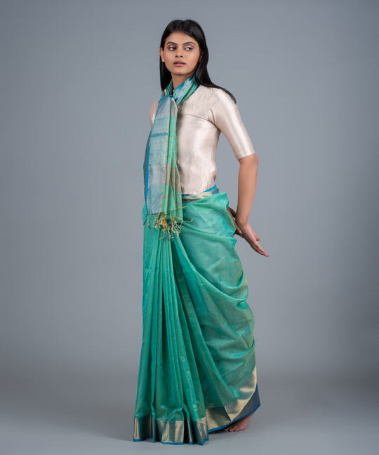 Sea green handwoven maheshwari cotton silk saree