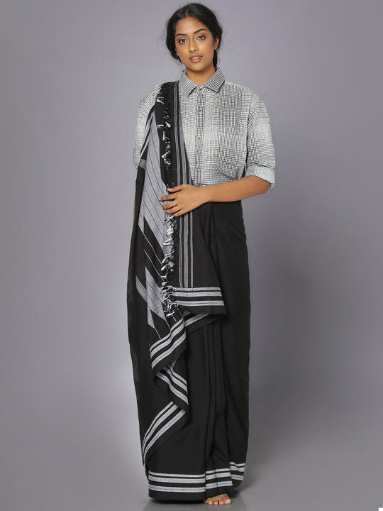 Plain jet black ilkal cotton saree