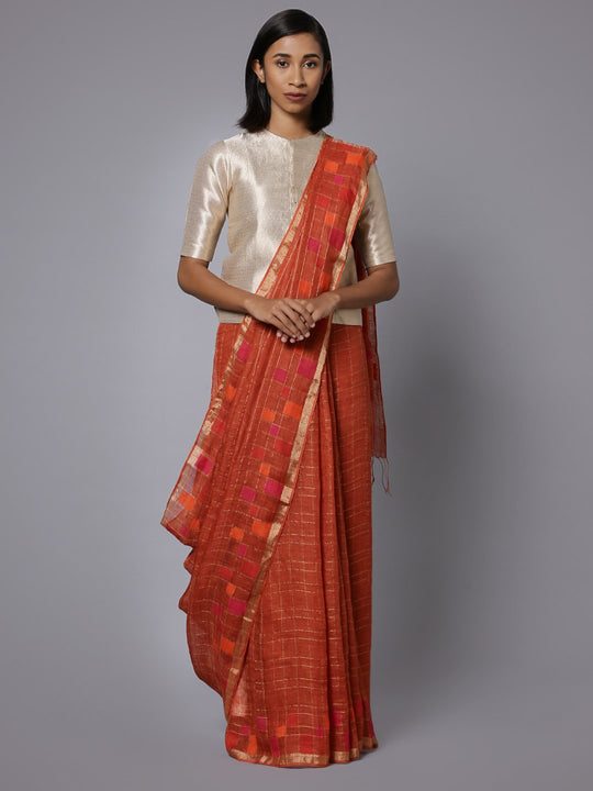 Rust brown jamdani linen handloom saree