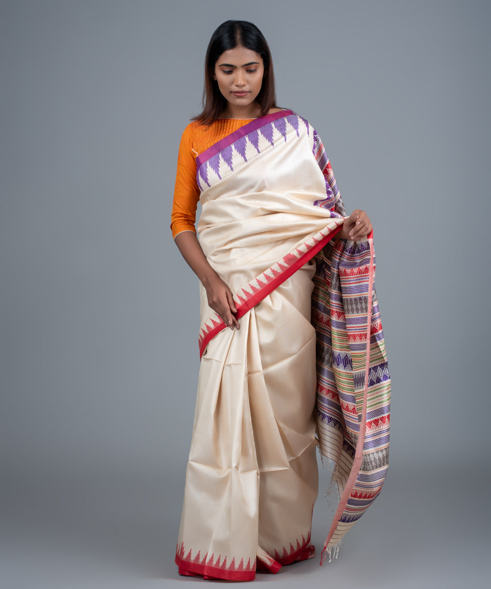 Cream handwoven gopalpur jala border tussar saree