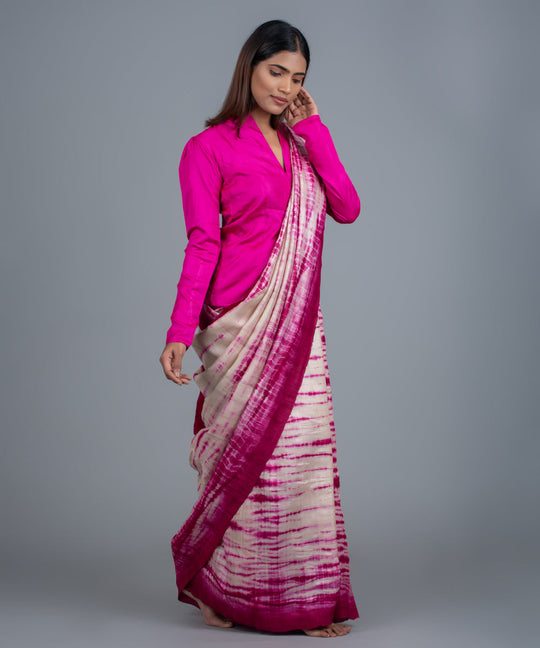 Pink handspun shibori ikat gopalpur tussar silk saree