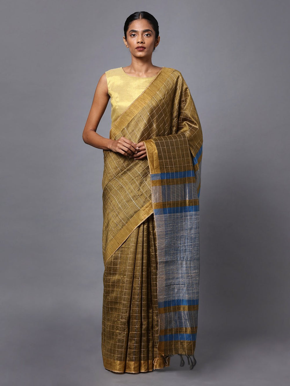 Handloom golden brown tussar silk saree