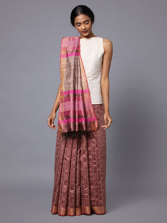 Rose pink handloom tussar silk saree