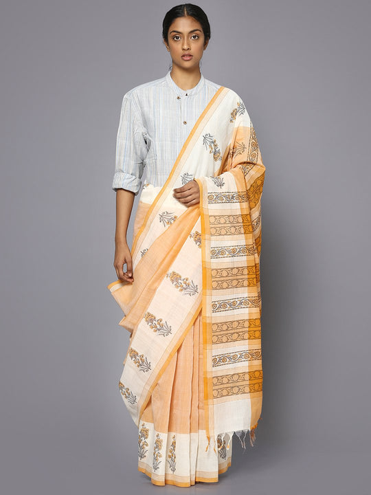 Light orange block print cotton saree