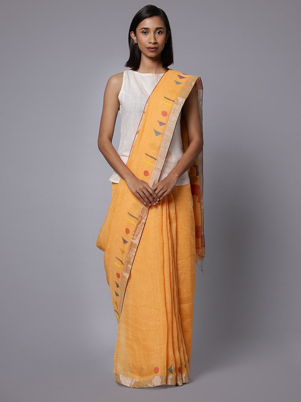 Yellow orange jamdani linen handloom saree