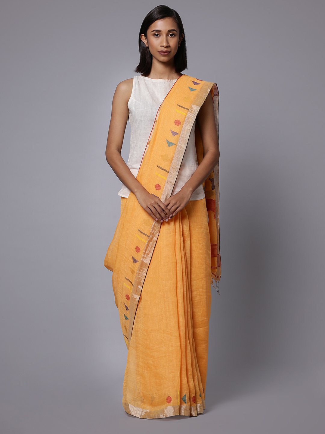 Yellow orange jamdani linen handloom saree