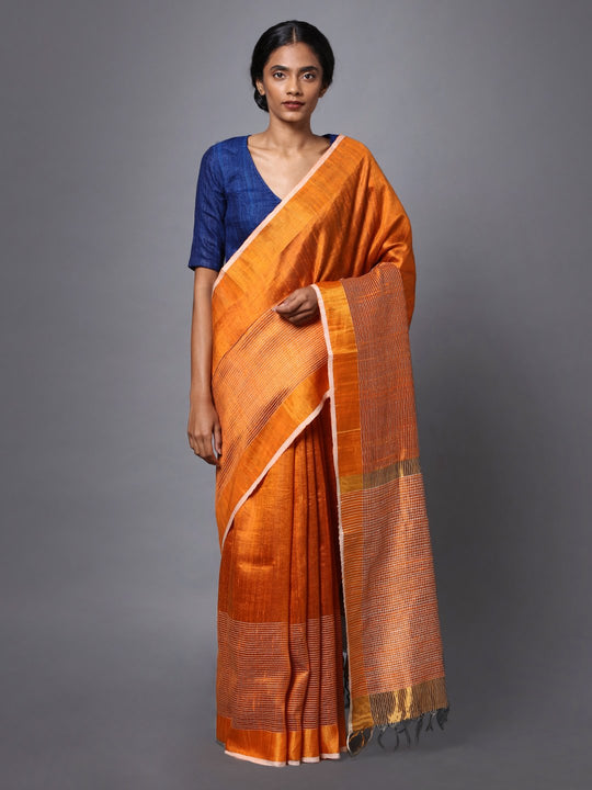 Orange handloom tussar silk saree