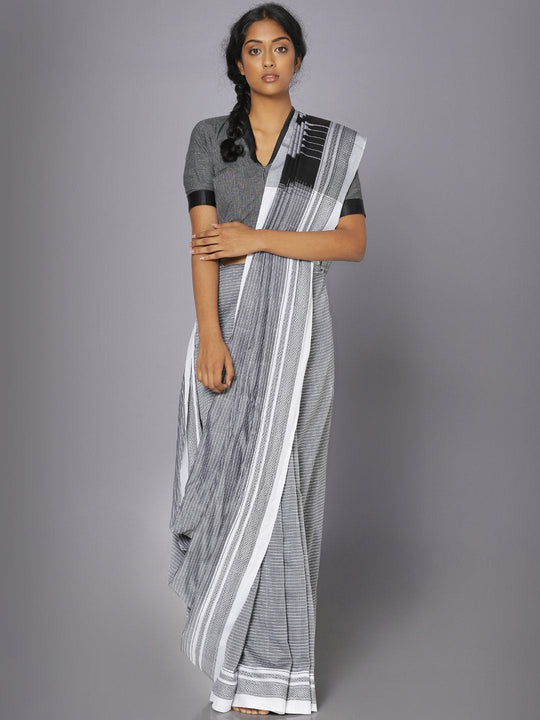 White striped grey ilkal cotton saree