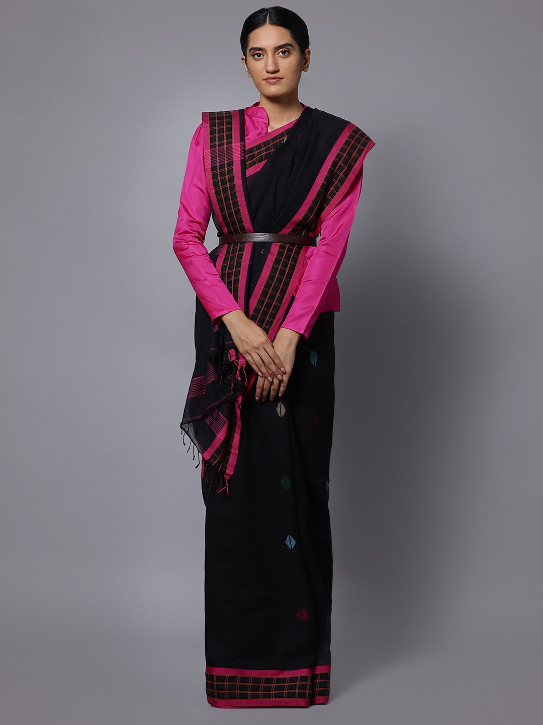 Black pink bengal soft cotton handloom saree