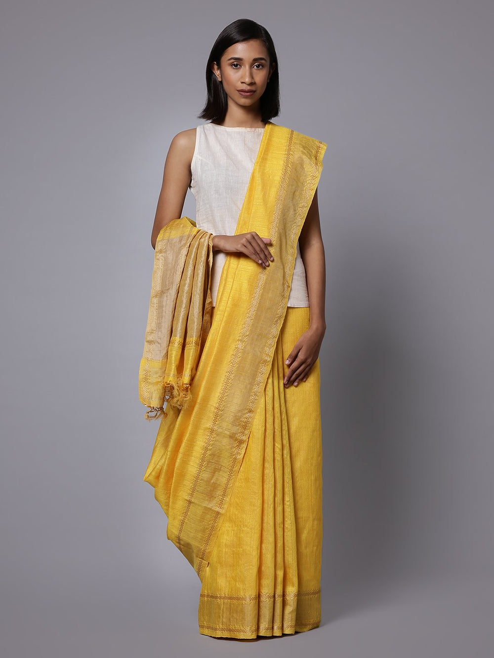 Golden yellow matka silk handloom saree