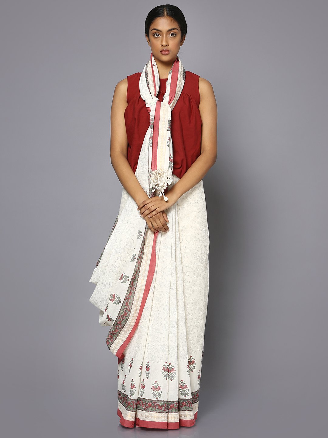 Plain white block print cotton saree