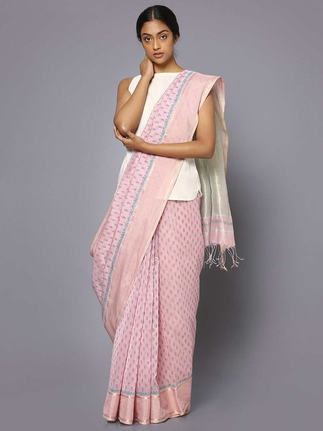 Pink silk cotton printed maheshwari saree