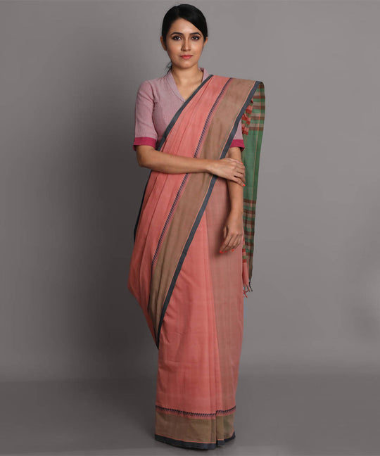 Peach cotton handwoven saree