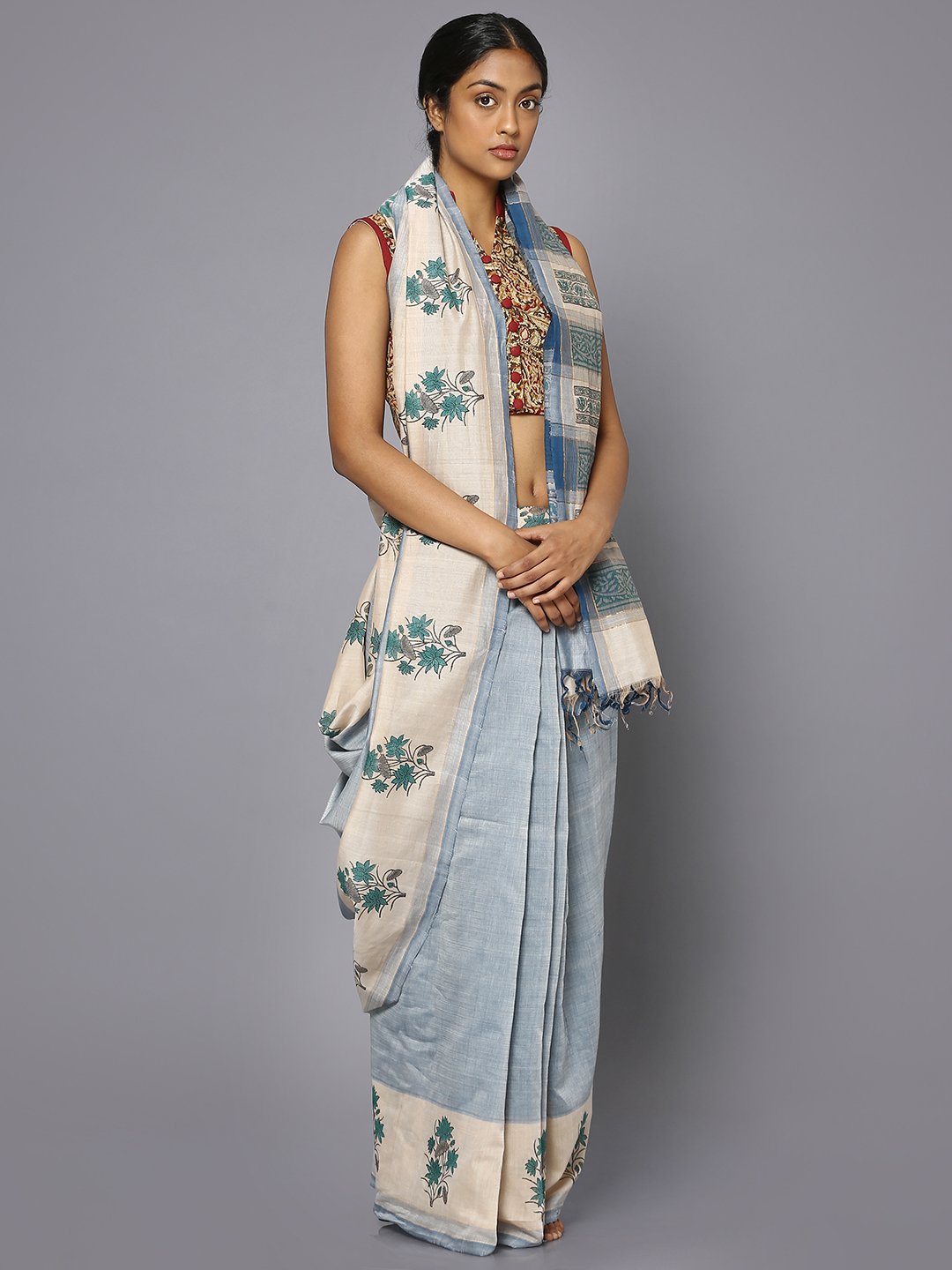 Powder blue block print cotton saree