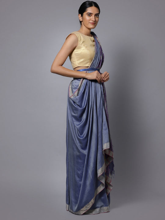 Blue grey bengal handloom cotton silk saree