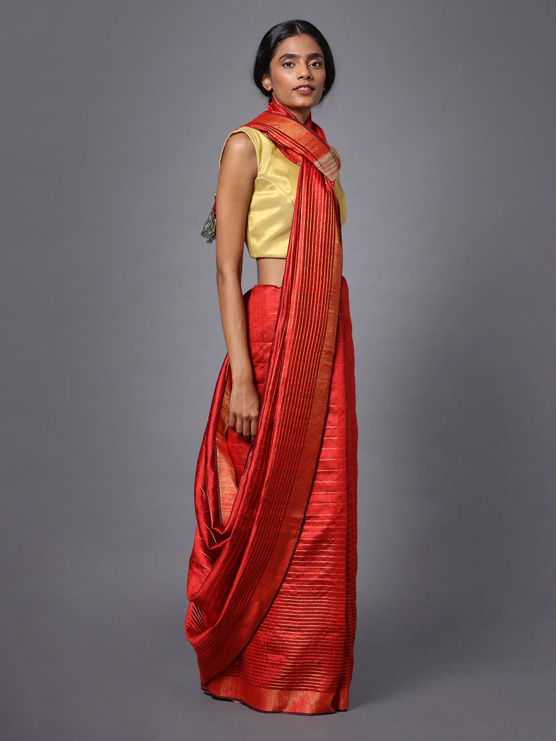 Red orange handloom tussar silk saree