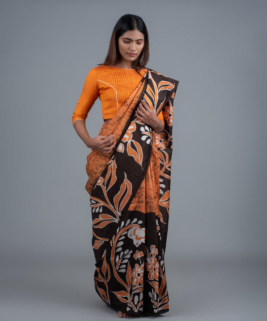 Brown black mulberry silk hand painted batik saree