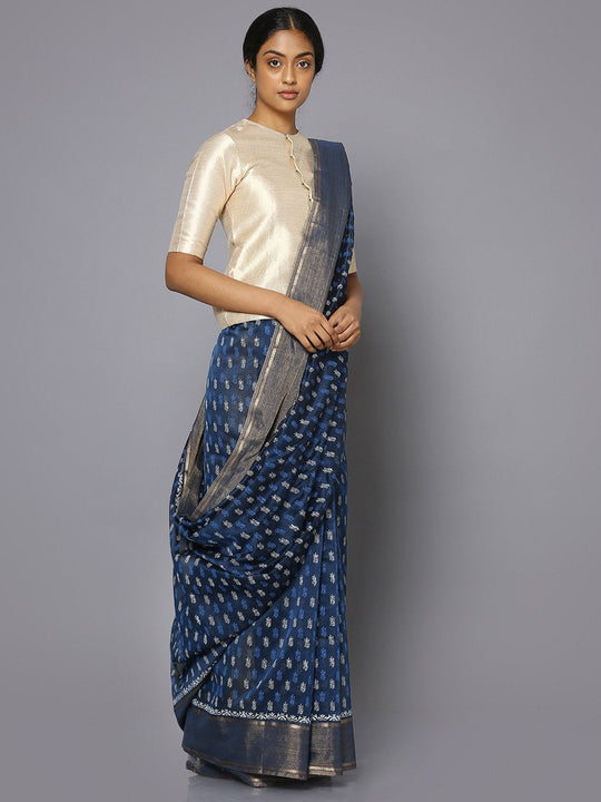Blue silk cotton printed maheshwari saree