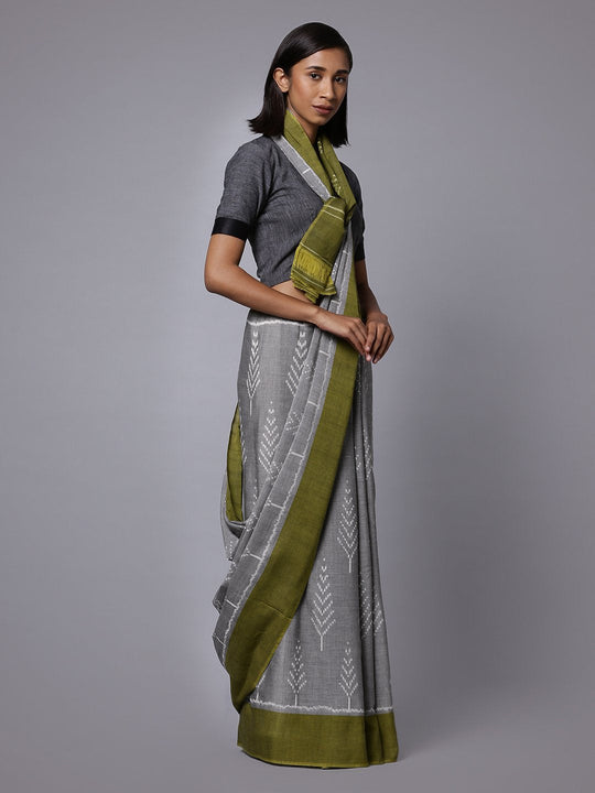 Grey green ikat handloom cotton saree