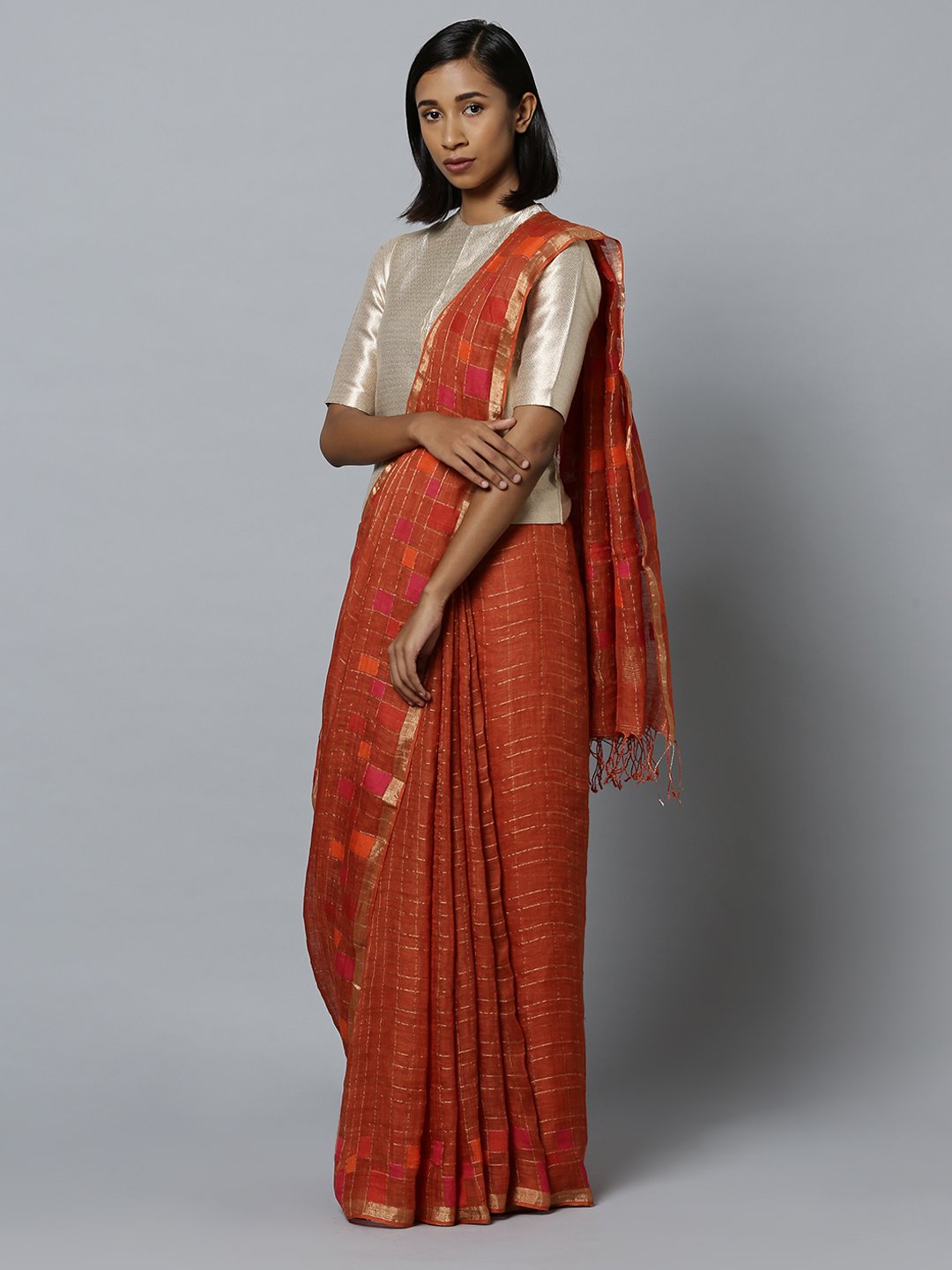 Rust brown jamdani linen handloom saree