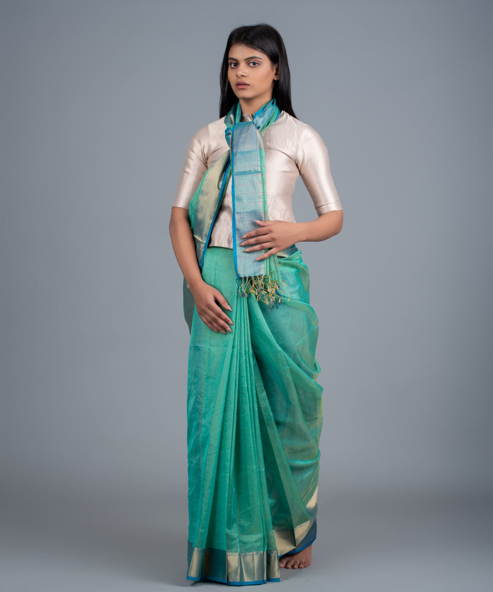 Sea green handwoven maheshwari cotton silk saree