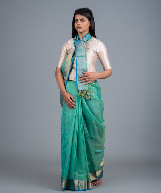 Sea green handwoven maheshwari cotton silk saree