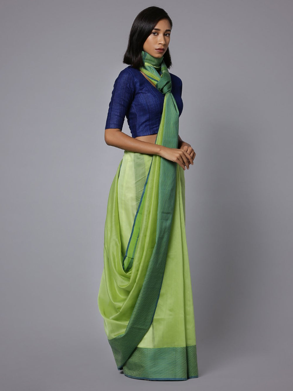 Lime handloom maheshwari cotton silk saree