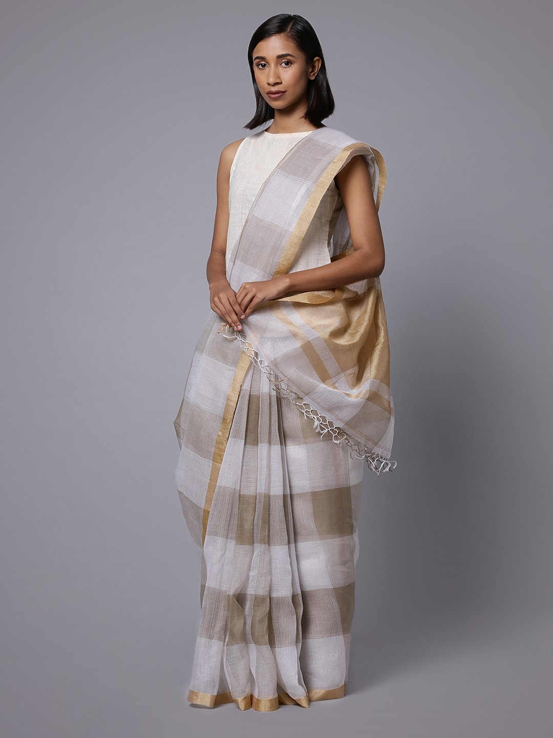 Brown white checks handloom cotton silk saree