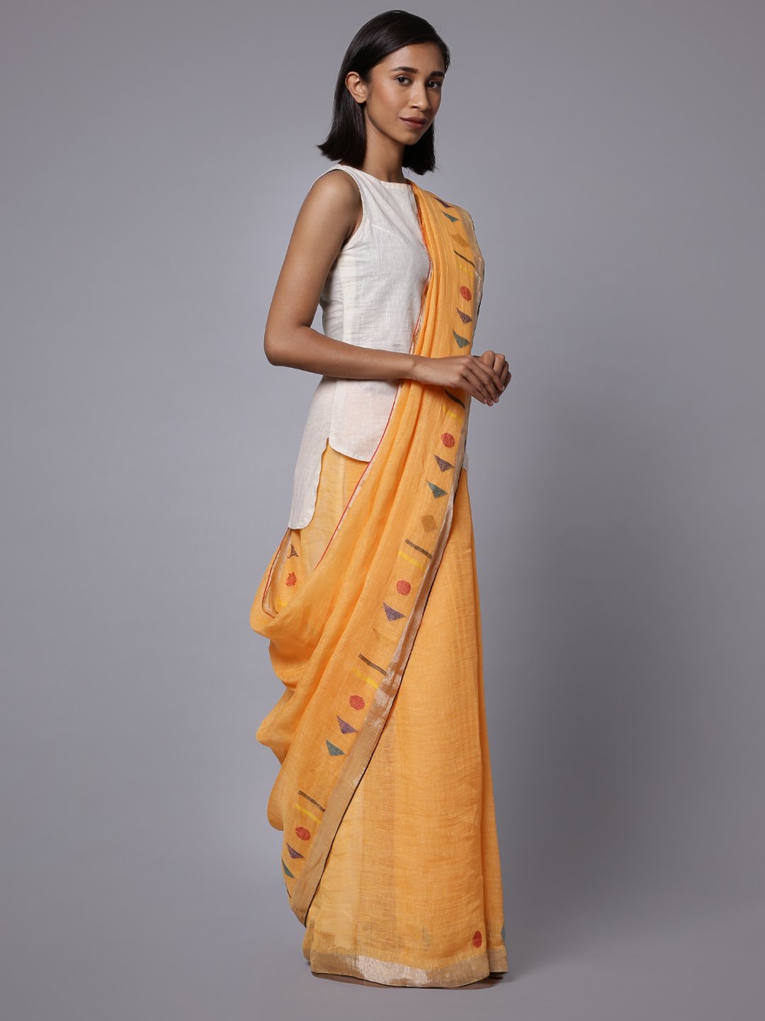 Yellow orange jamdani linen handloom saree