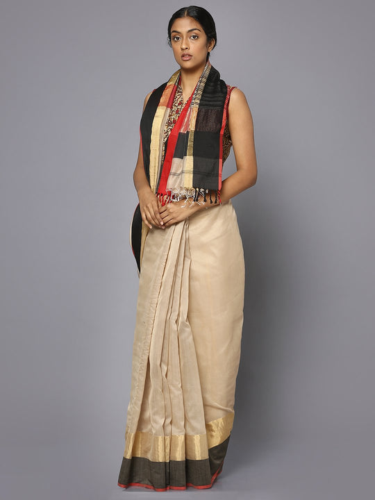 Beige silk cotton maheshwari saree