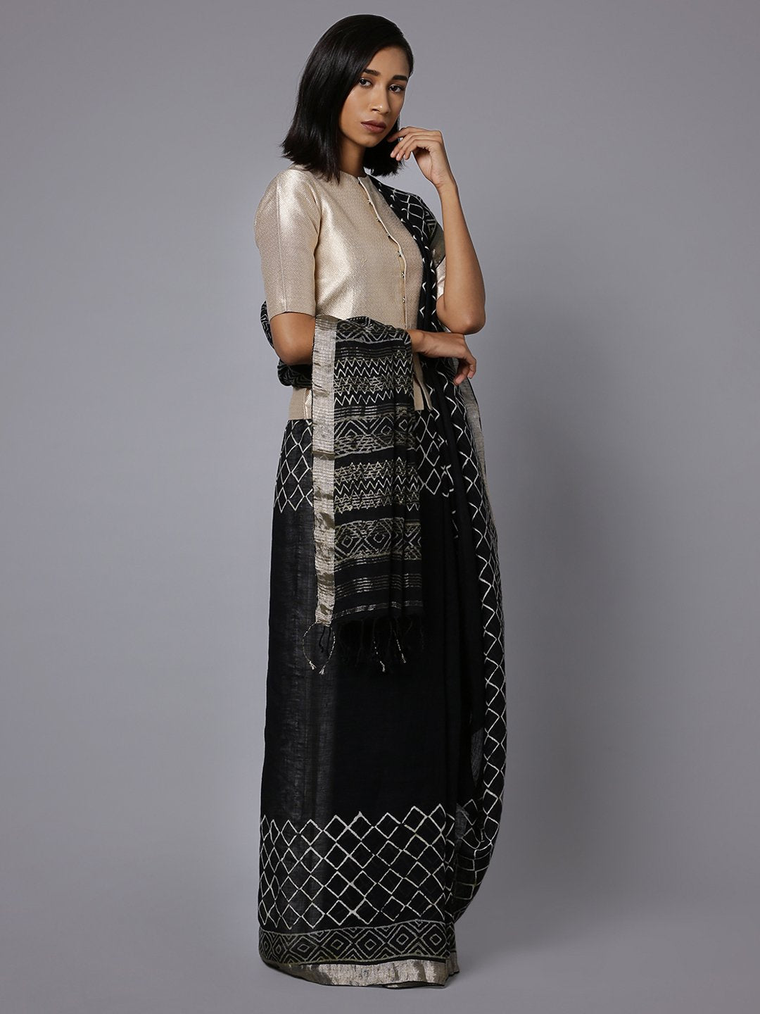Jet black handblock print linen saree