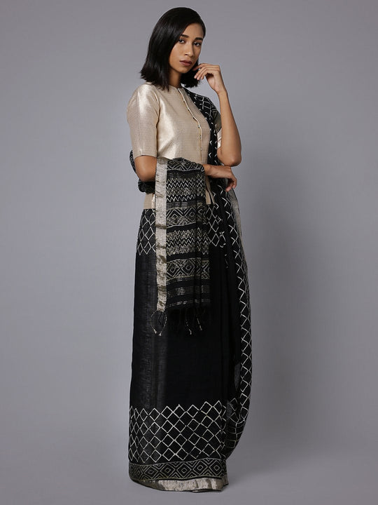 Jet black handblock print linen saree