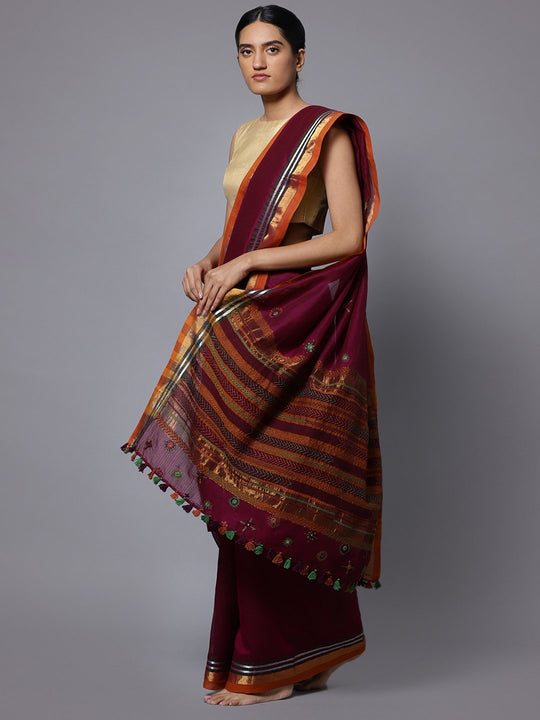 Hand embroidery magenta cotton saree