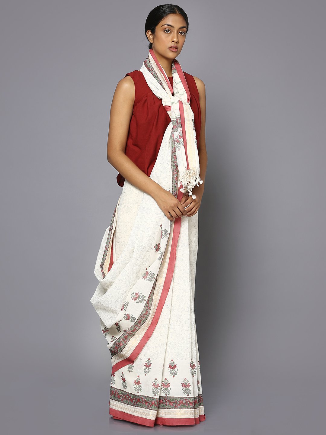 Plain white block print cotton saree
