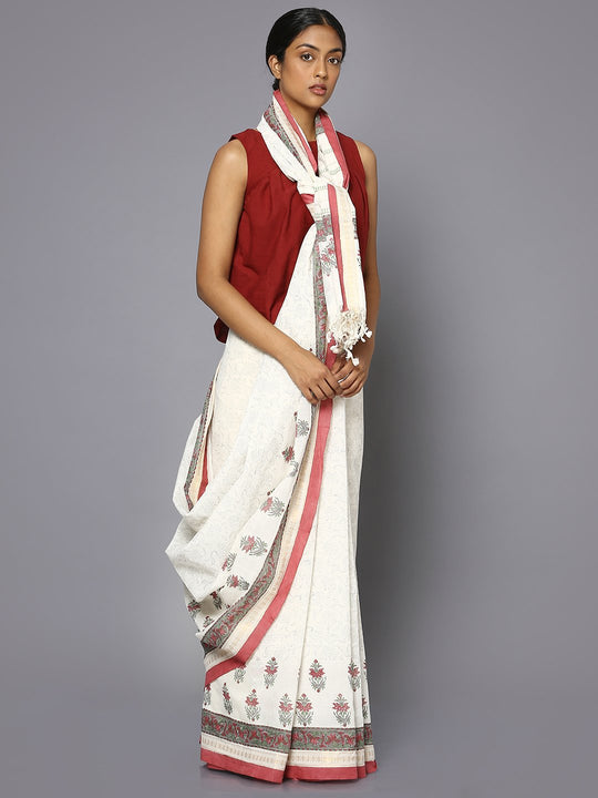 Plain white block print cotton saree
