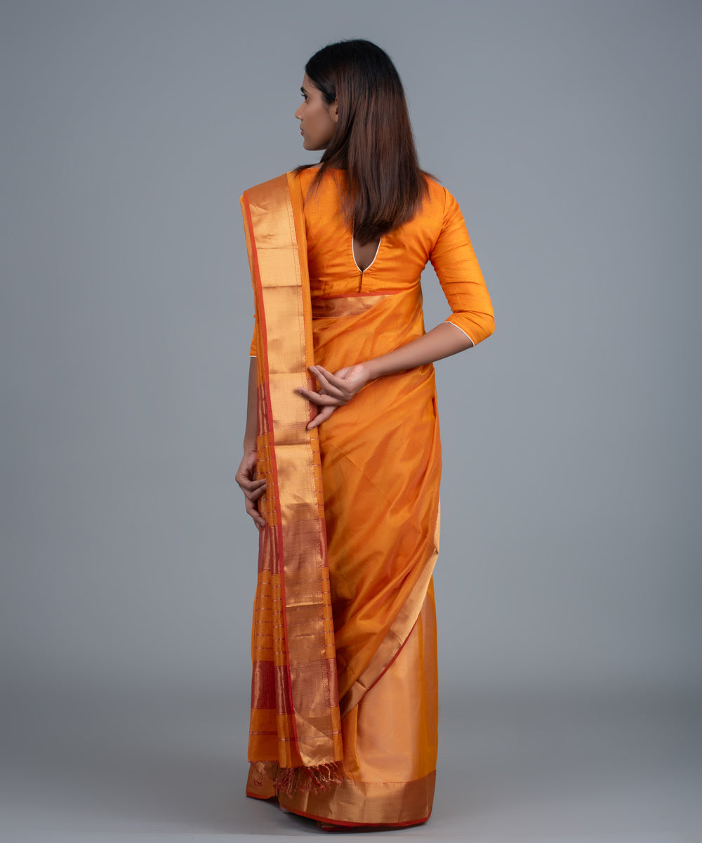 Orange handwoven maheshwari cotton silk saree