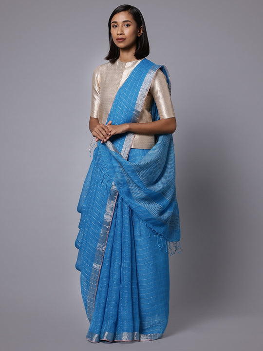 Sky blue linen handloom saree