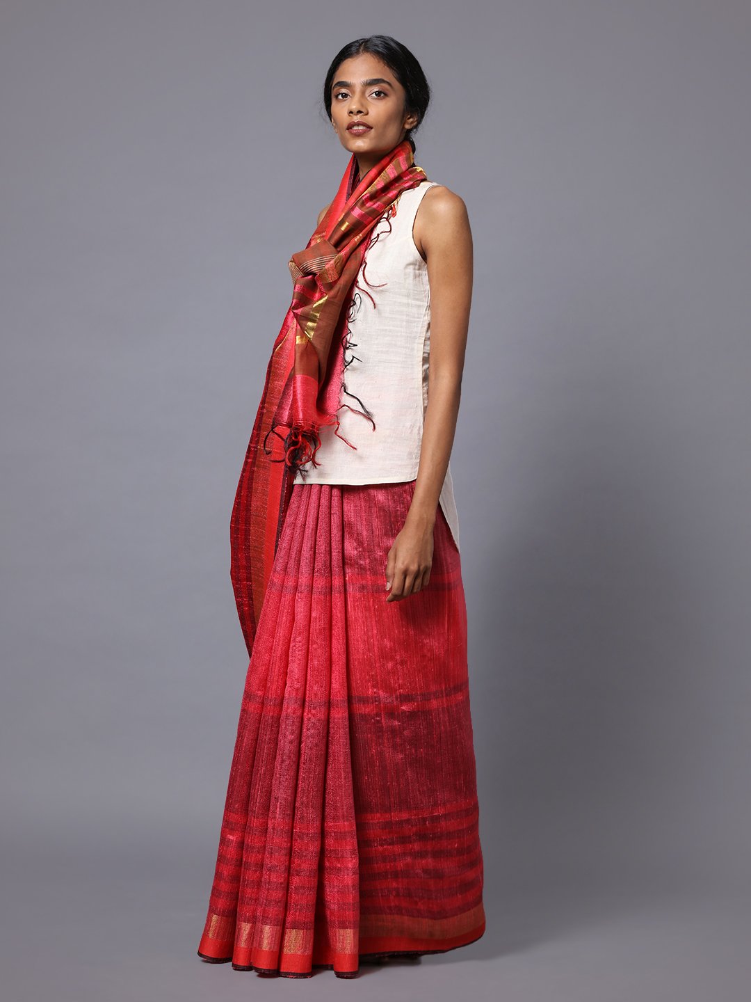 Pink red handloom tussar silk saree