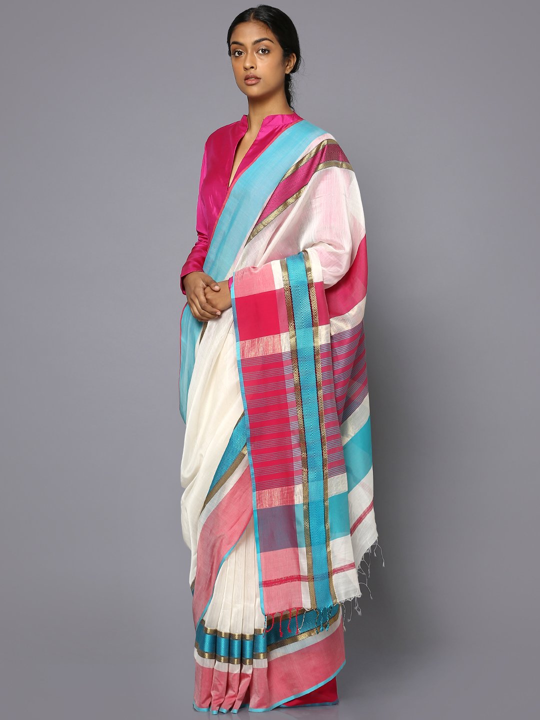 White silk cotton maheshwari saree