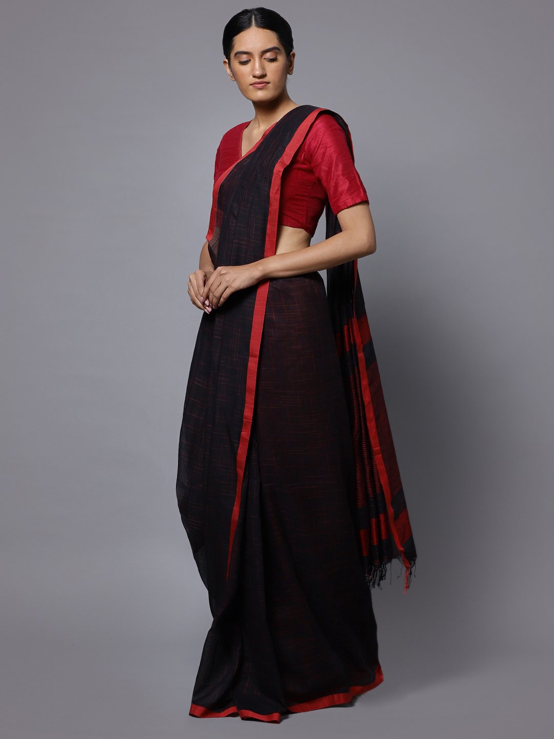 Black red bengal soft cotton handloom saree