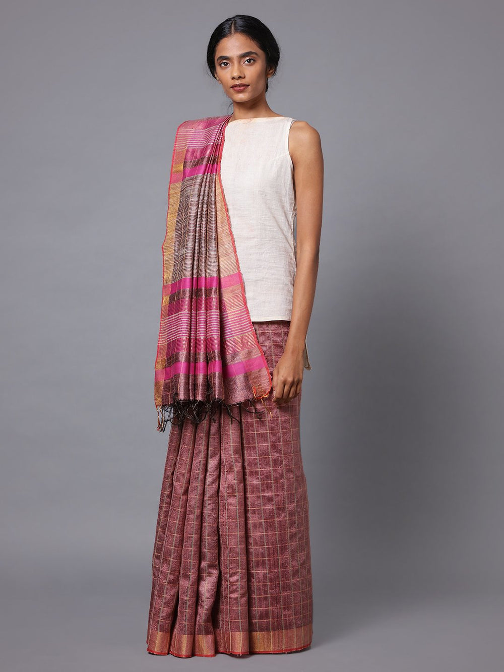 Rose pink handloom tussar silk saree