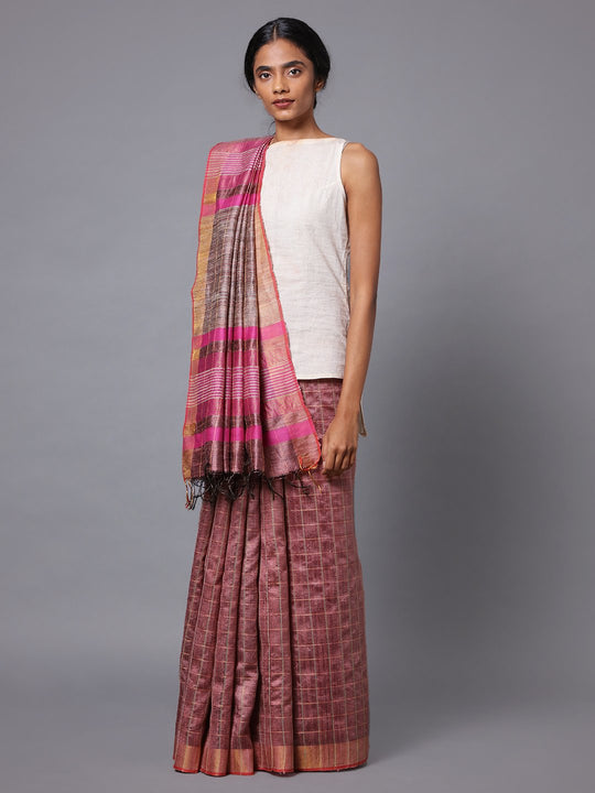 Rose pink handloom tussar silk saree