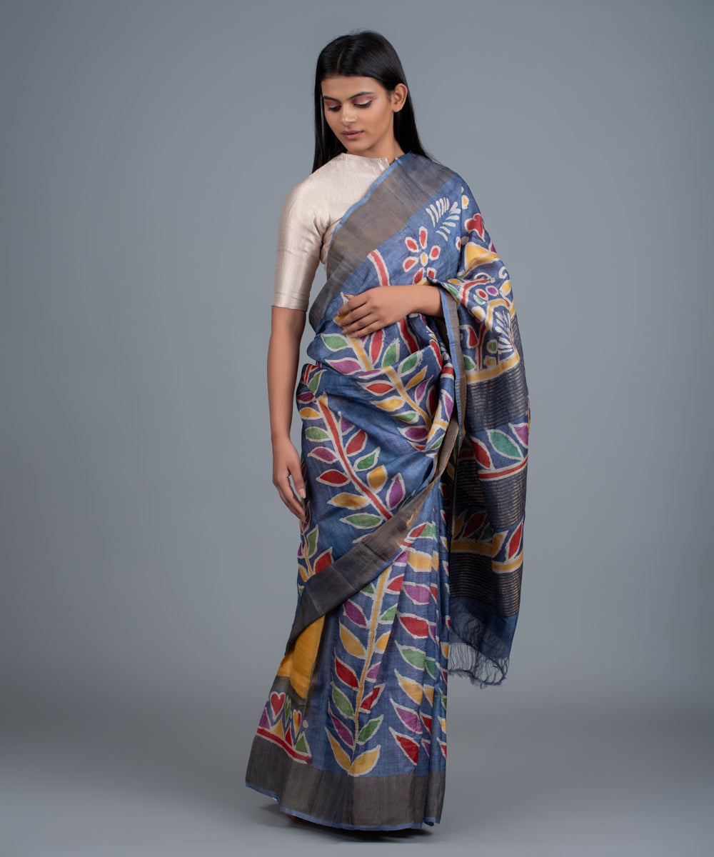Blue mulberry silk hand painted batik saree