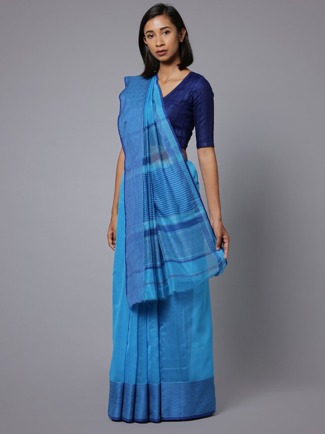 Blue handloom maheshwari cotton silk saree