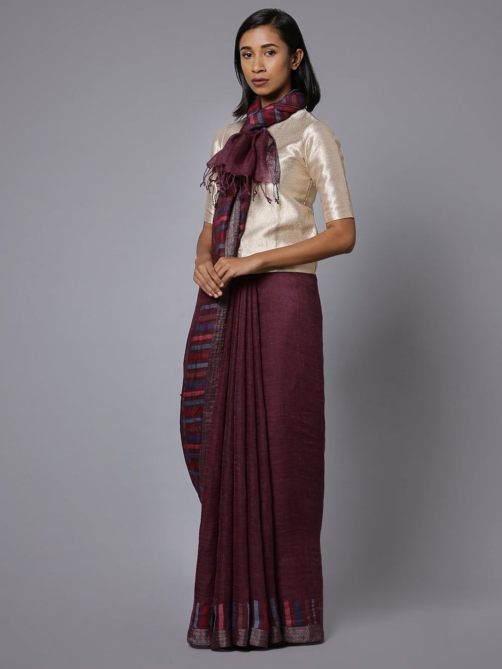 Wine color jamdani handloom linen saree